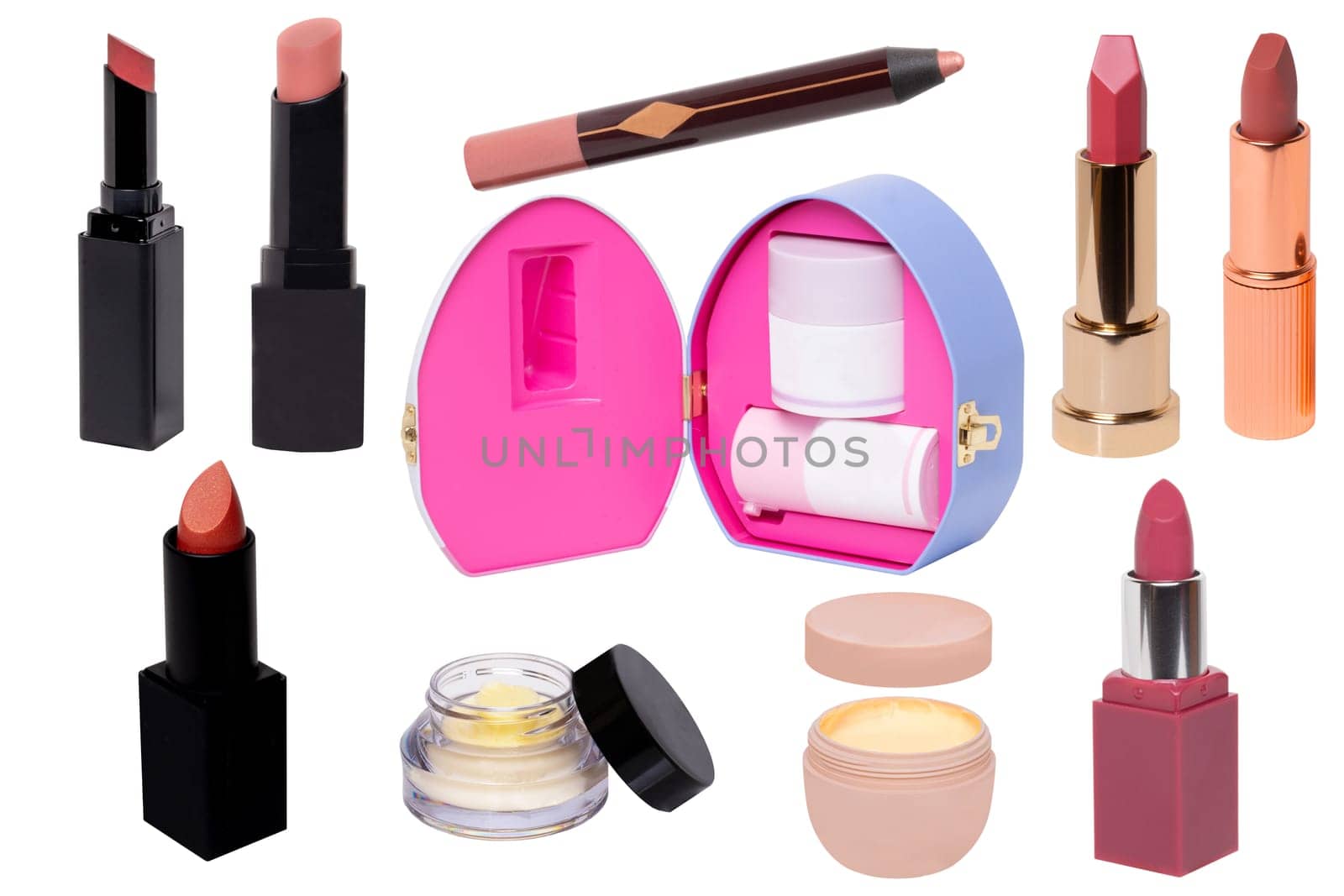 Collage of make up cosmetics and tools. Set of various open jars or bottles with cream for face, various lipsticks and a opened decorative cosmetic box or gift box and other beauty accessories isolated on a white background.