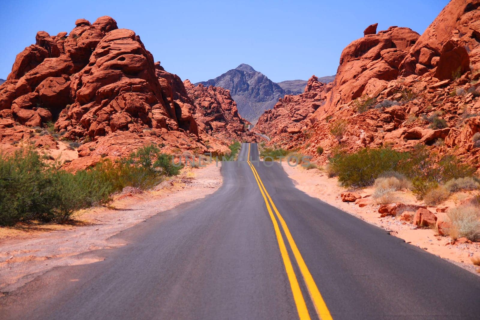 The bumps of the road in the red rocks canyon of the Valley of Fire in Nevada