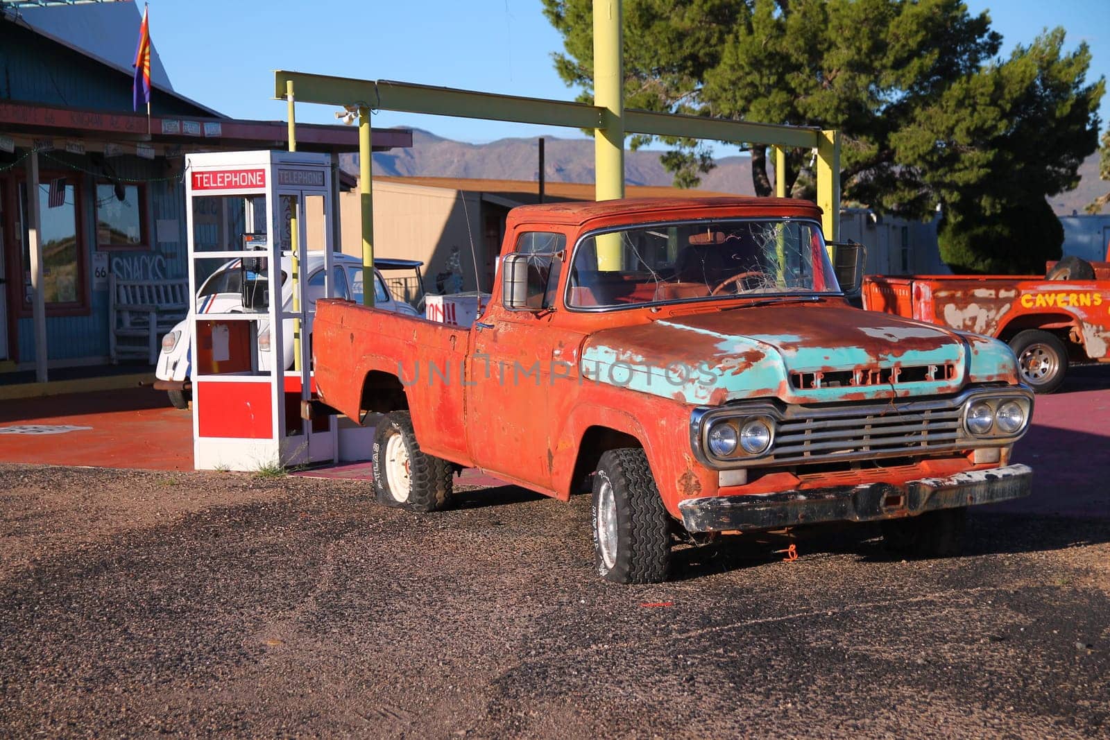 Traditional red truck on the route 66 in Arizona in the West Coast of the United States of America