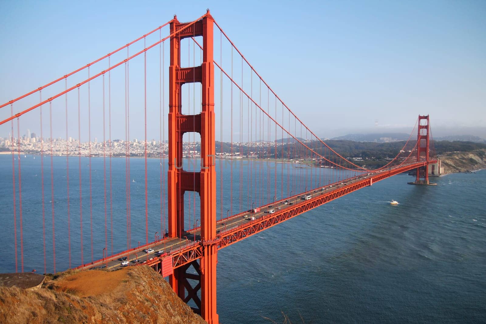 Close up of a pillar of the red Golden Gate bridge in San Francisco in California