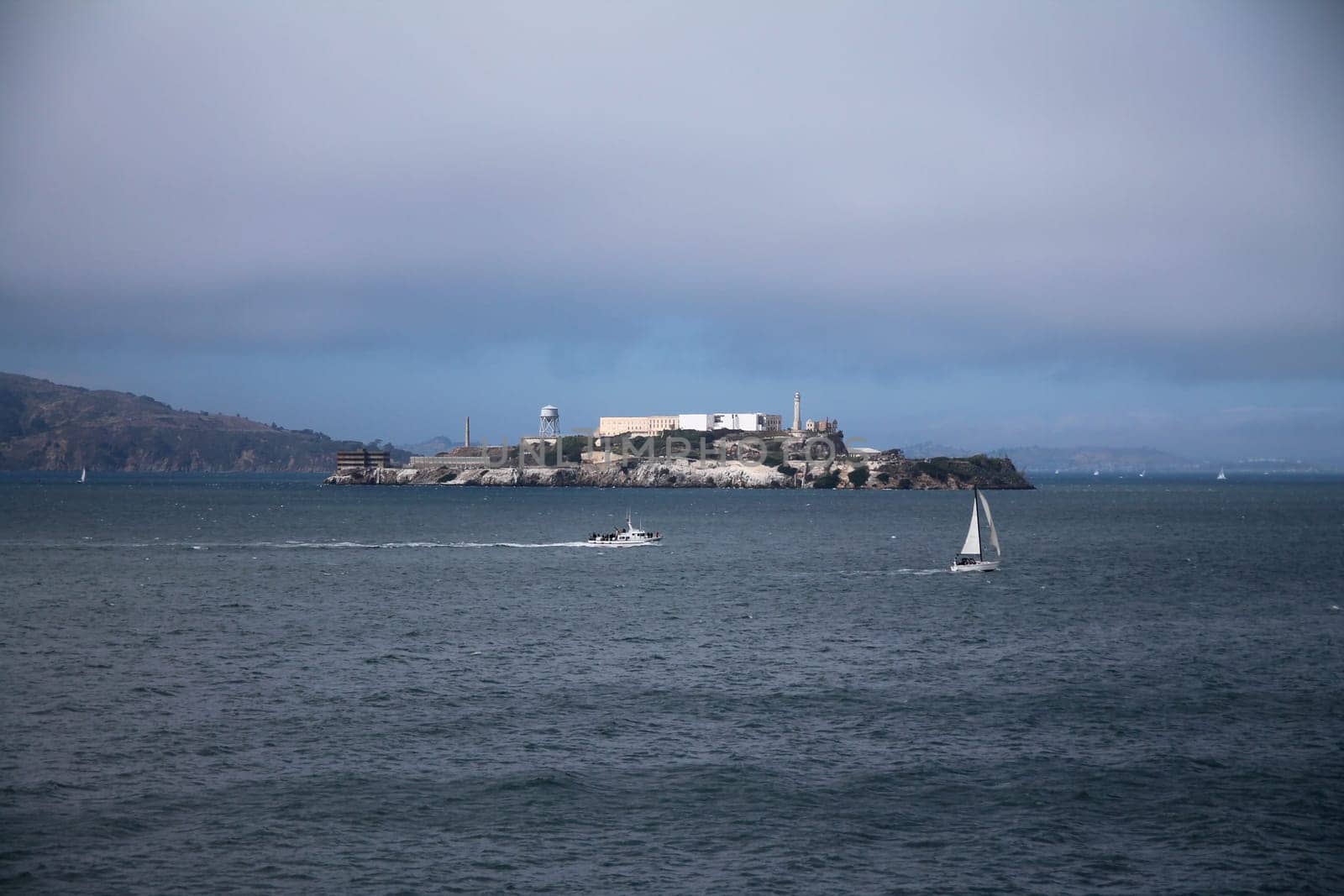 Sailing in front of the famous Alcatraz island in the San Francisco Bay in California