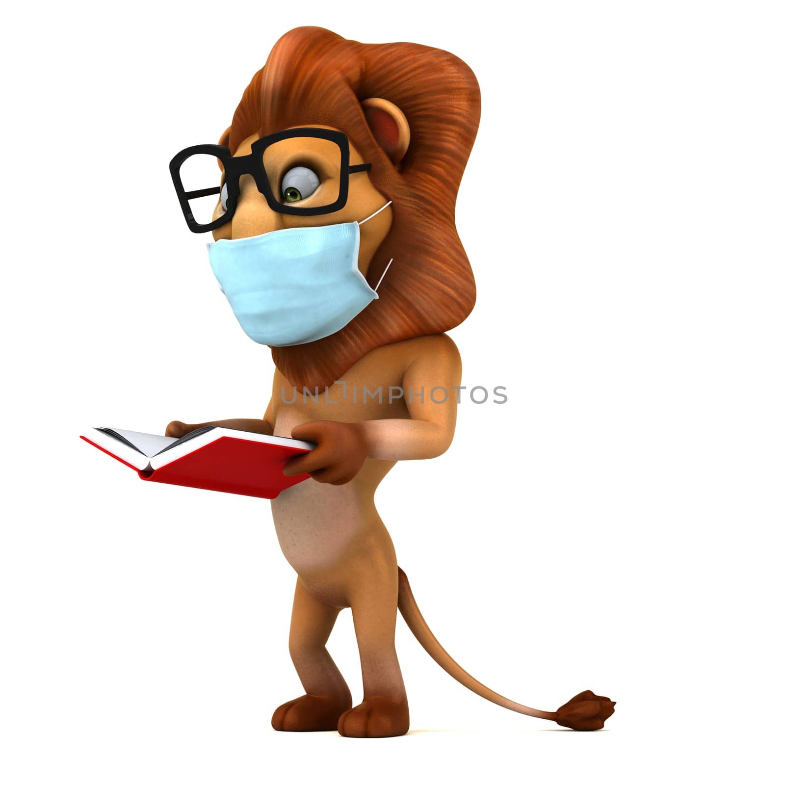 Fun 3D illustration of a cartoon Lion with a mask