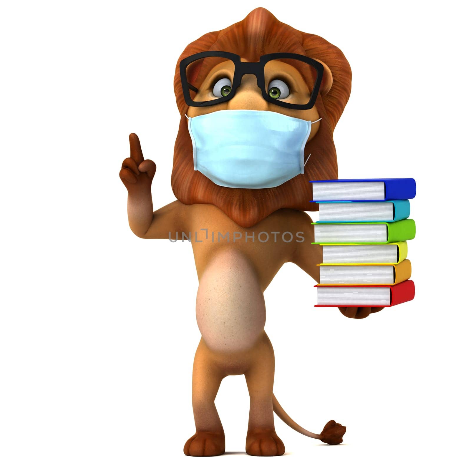 Fun 3D illustration of a cartoon Lion with a mask