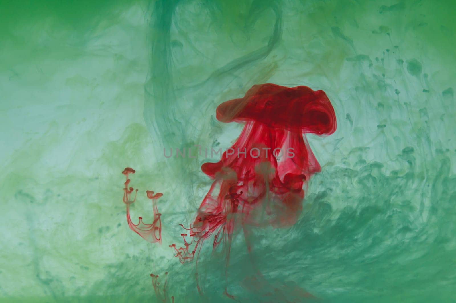 Paint in the water. ink in fluid. abstract background. colorful splashes in liquid. red and green colors