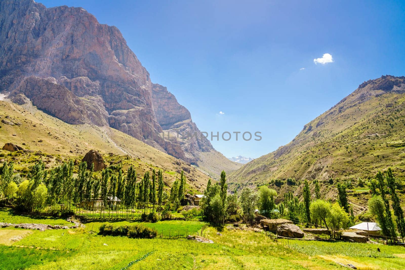 Scenic view of Yaghnob Valley and a mountain village in Tajikistan
