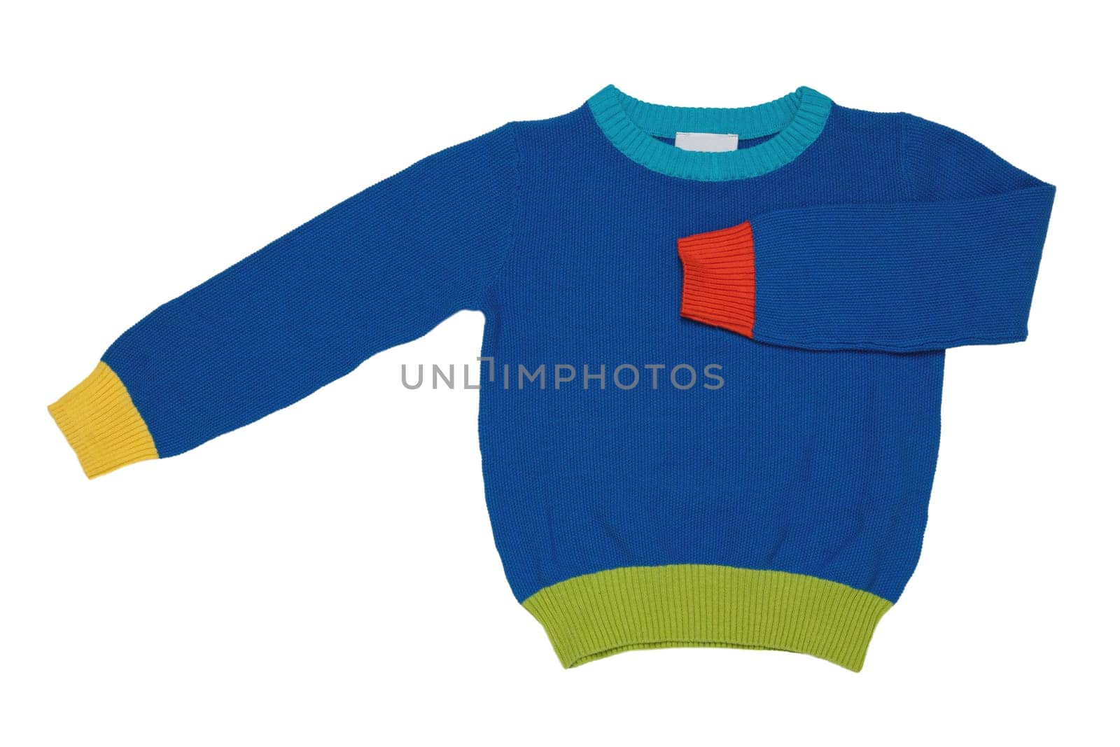 Top view of clothes for child boy isolated on a white background. A beautiful blue little child sweater or knitted cardigan. Autumn and winter fashion for kids.
