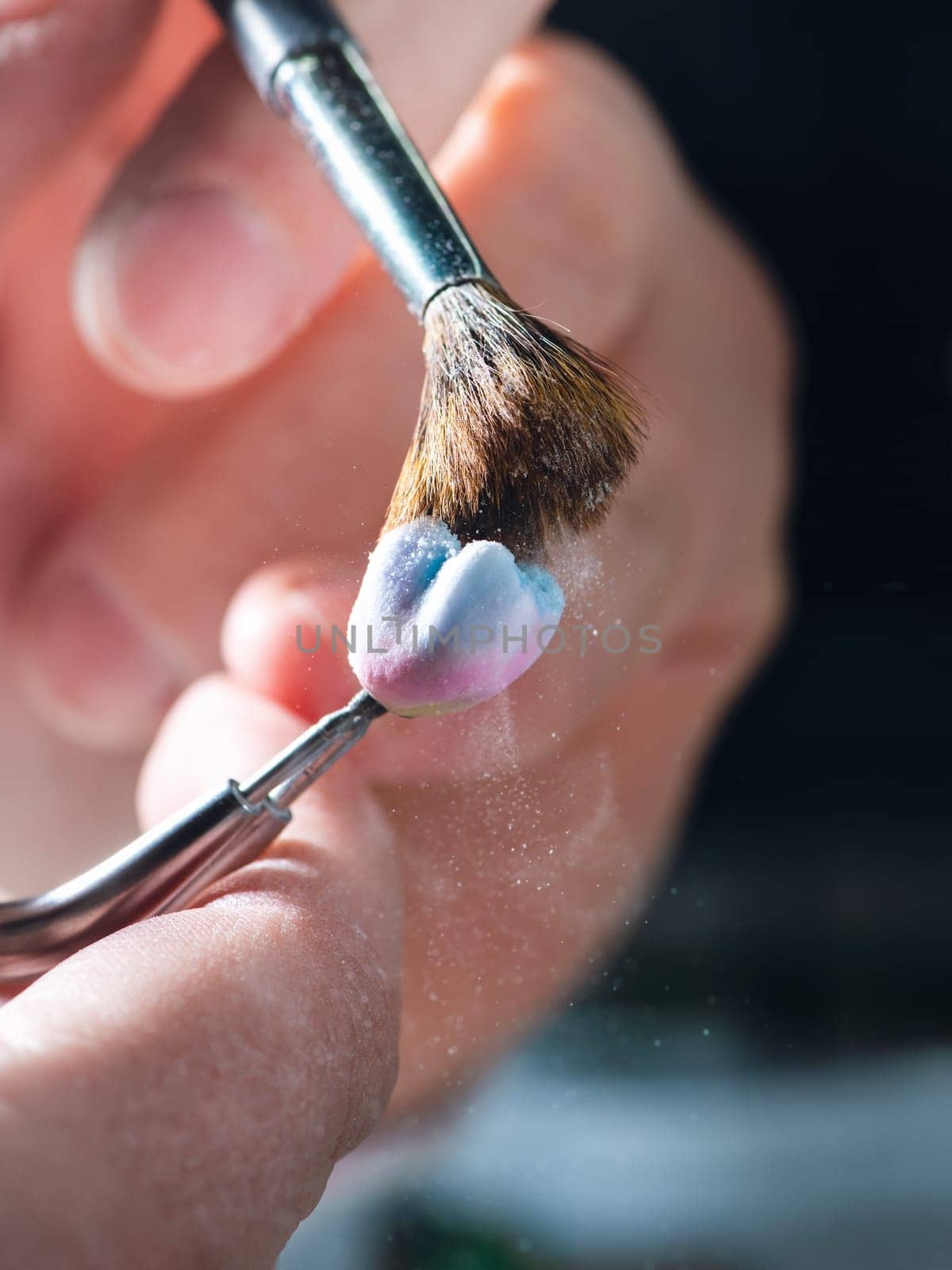 Dental prosthesis, artificial tooth, prosthetic, hands working on the denture, false teeth.