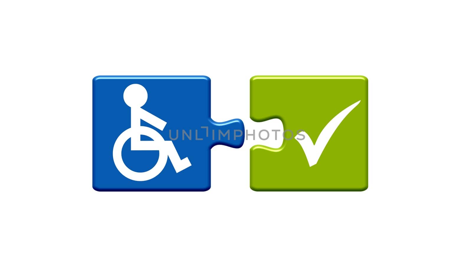 Two puzzle pieces blue and green with white icons showing Wheelchair and checkmark