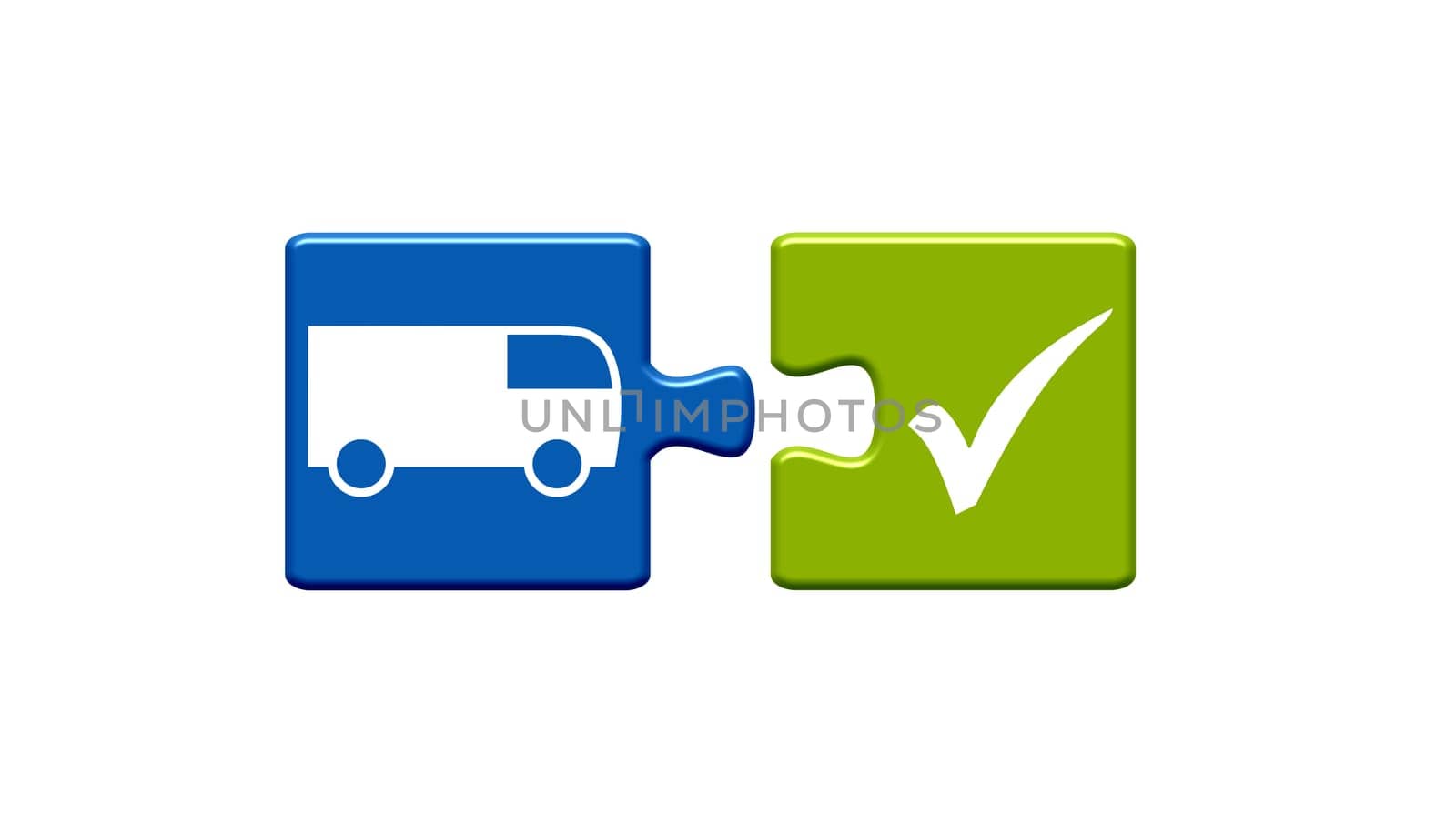 Two puzzle pieces blue and green with white icons showing Shipping or Transporter