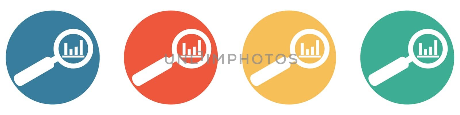 4 colorful Buttons blue, red, orange and green showing: Business data with magnify