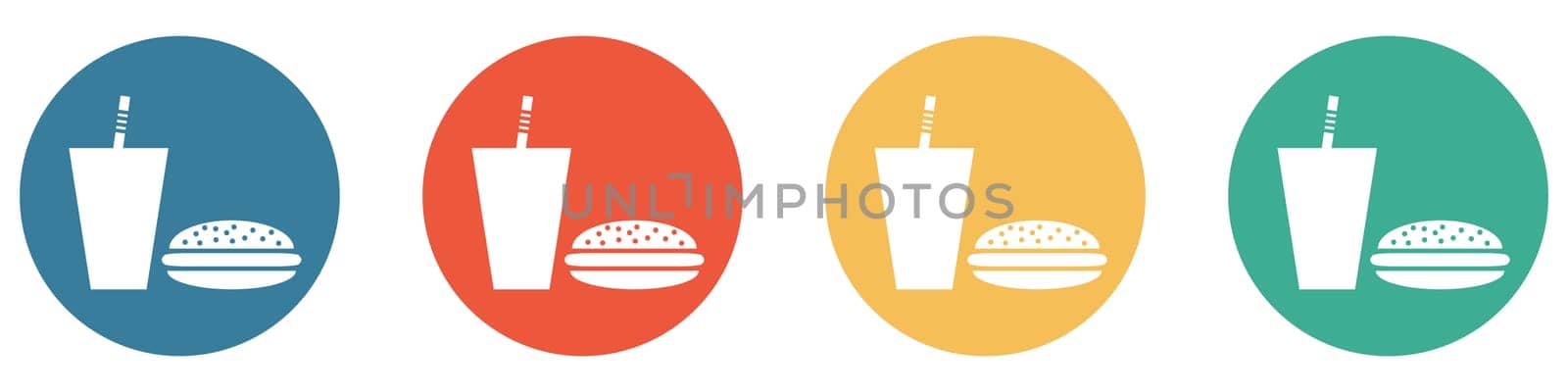 4 colorful Buttons blue, red, orange and green showing: Fast Food