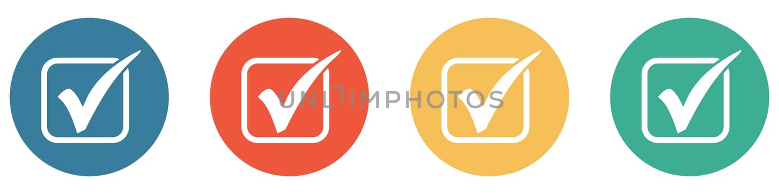 4 colorful Buttons blue, red, orange and green showing: Election, Checkbox with check mark or approval