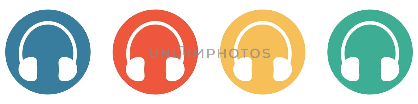 4 colorful Buttons blue, red, orange and green showing: Headphones