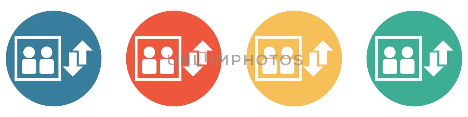 4 colorful Buttons blue, red, orange and green showing: Elevator up and down