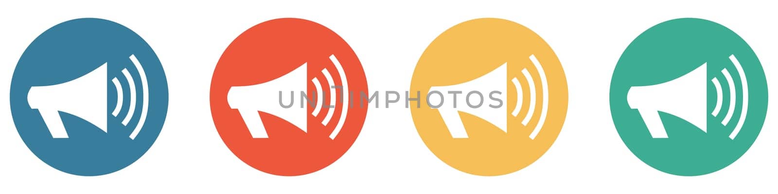 4 colorful Buttons blue, red, orange and green showing: Megaphone