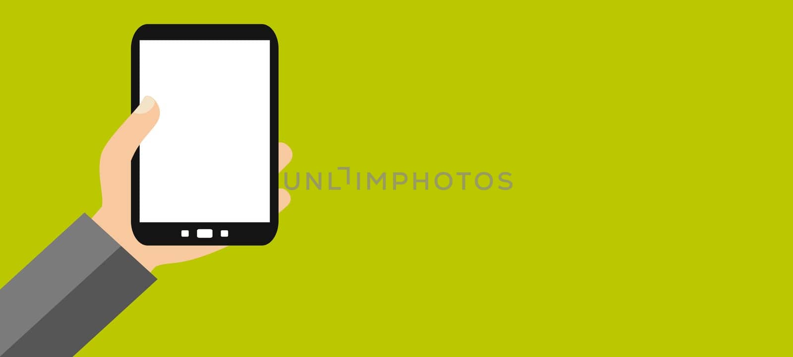 Hand holding smartphone with blank display in front of green background