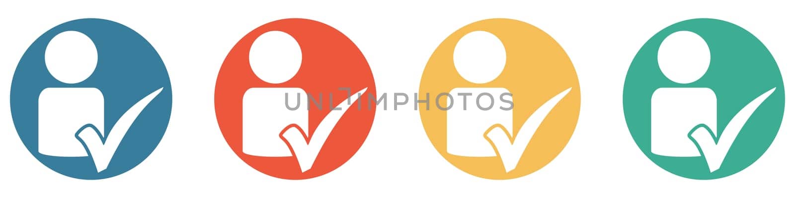 4 colorful Buttons blue, red, orange and green showing: Person and check mark