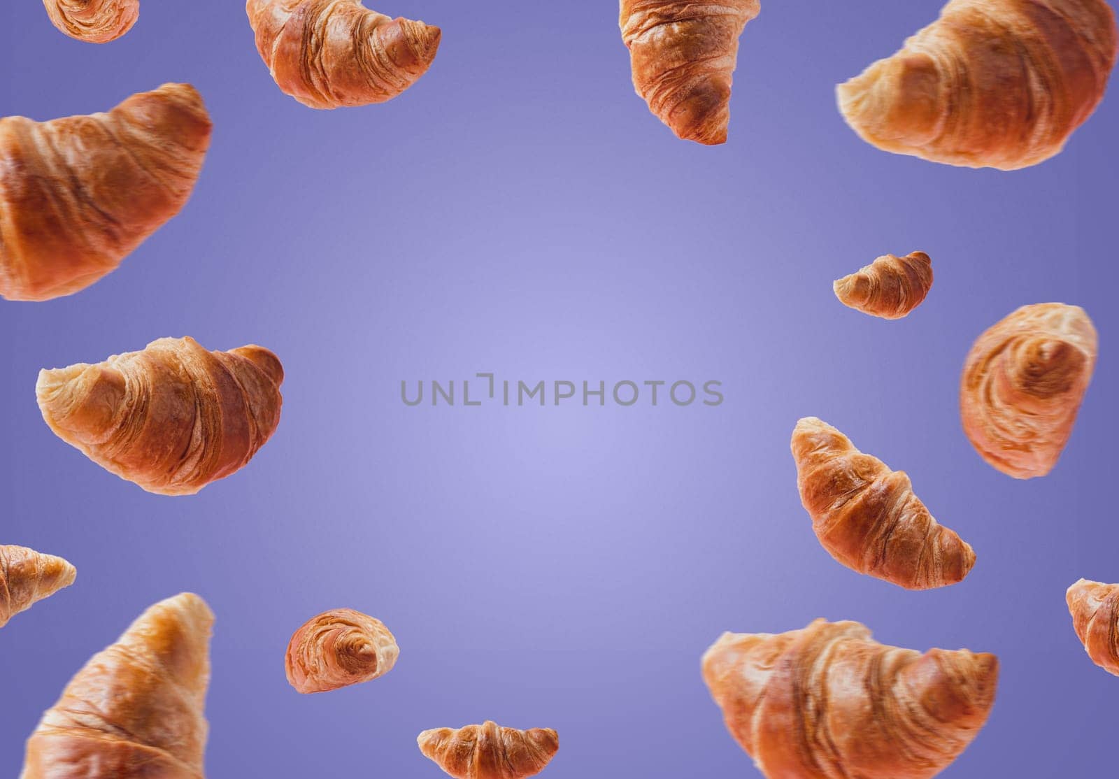 Freshly baked croissants levitating or flying. Set of croissants fly in air isolated on very peri purple background. Copy space. Signboard mockup, advertisement of bakery. Creative breakfast food