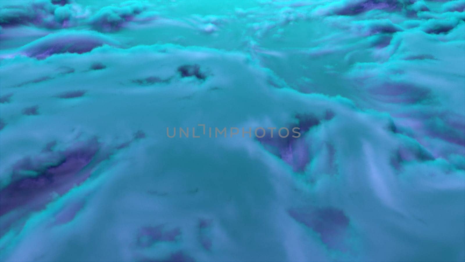 Dynamic foggy flow with wavy gradient 3d render on surface. Futuristic sea with digital tide and sprawling surf. Geometric clouds of coral clusters on water surface.