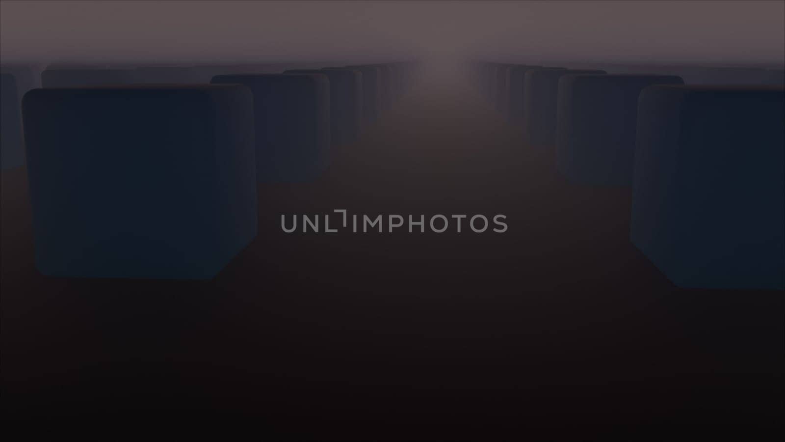 Geometric rows 3d render of squares in futuristic darkened composition. Mystical digital landscape with abstract quadrangular columns and glimpses of rays of sun.