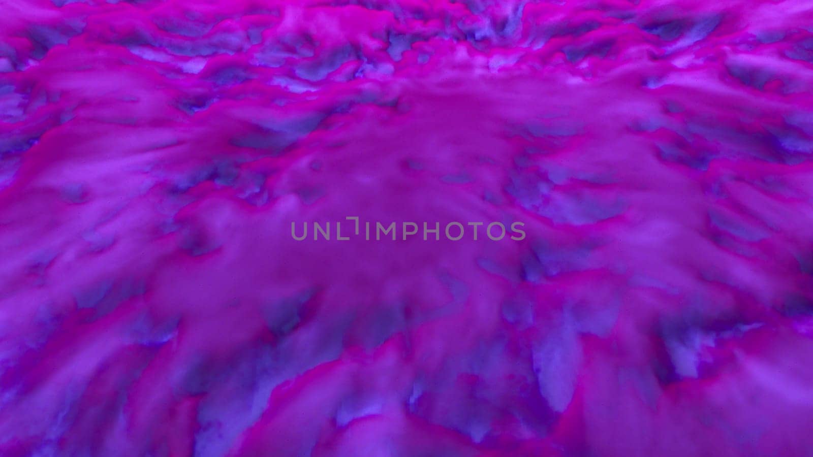 Dynamic foggy flow with wavy gradient 3d render on surface. Futuristic sea with digital tide and sprawling surf. Geometric clouds of coral clusters on water surface.