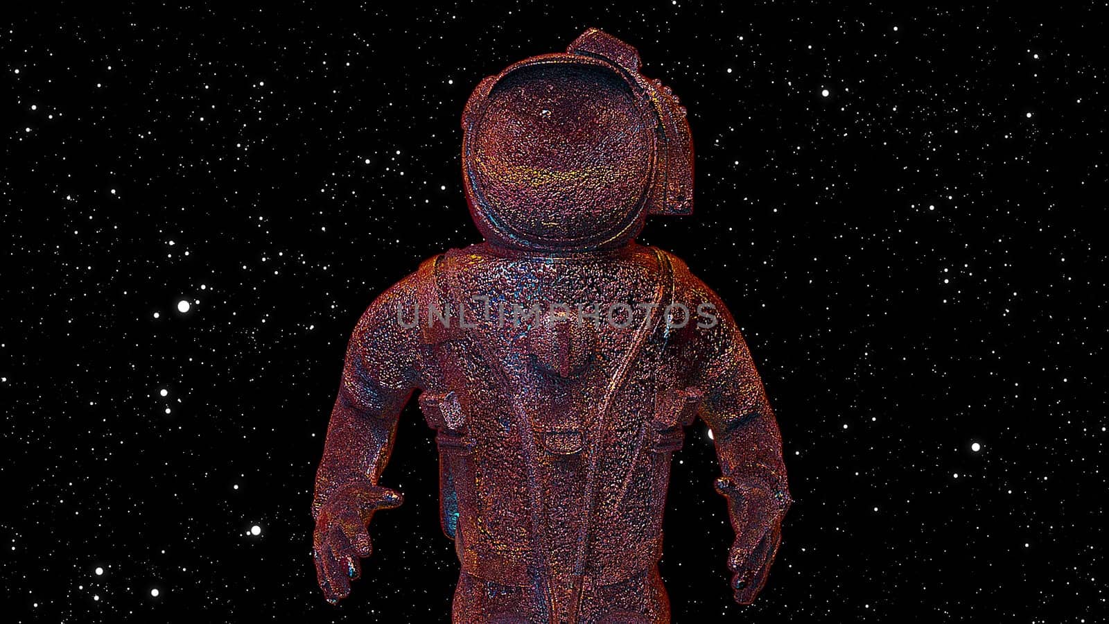 Figure in rusty 3d spacesuit hovers in starry space. Frozen fantasy silhouette of an ancient astronaut with iridescent reflections on frozen folds of metal and ice.