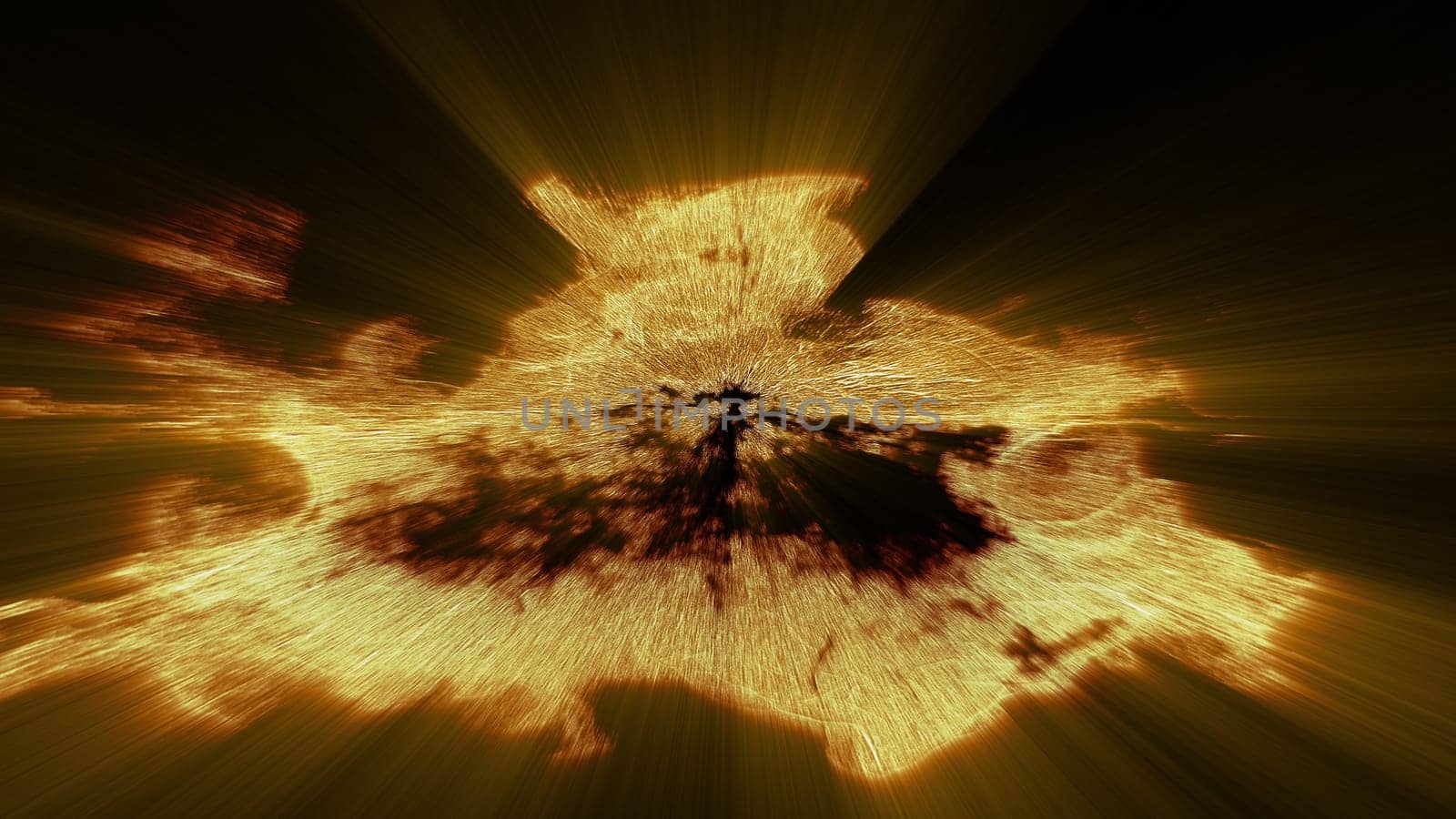 Supernova explosion with 3d render of solar energy scattering in space. Sprawling patch of spectacular powerful catastrophe in distant galaxy. Futuristic sunrise with bright highlights.