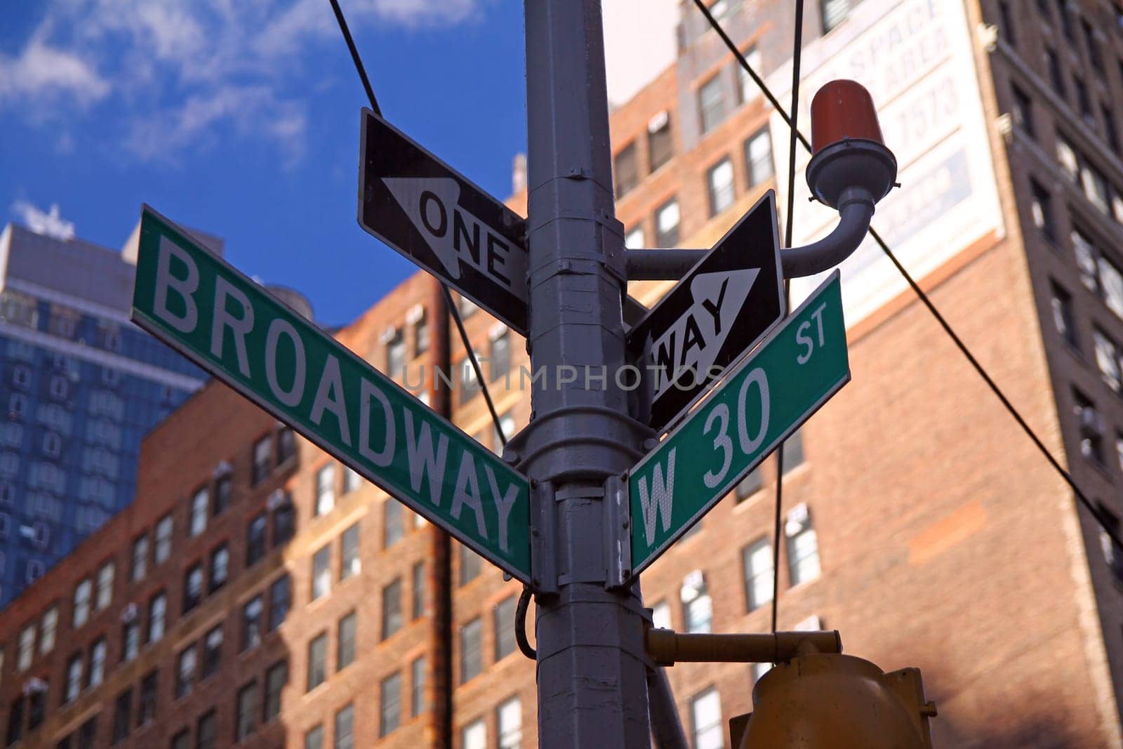 Green West 30th Street and Broadway historic sign in Midtown Manhattan in New York City