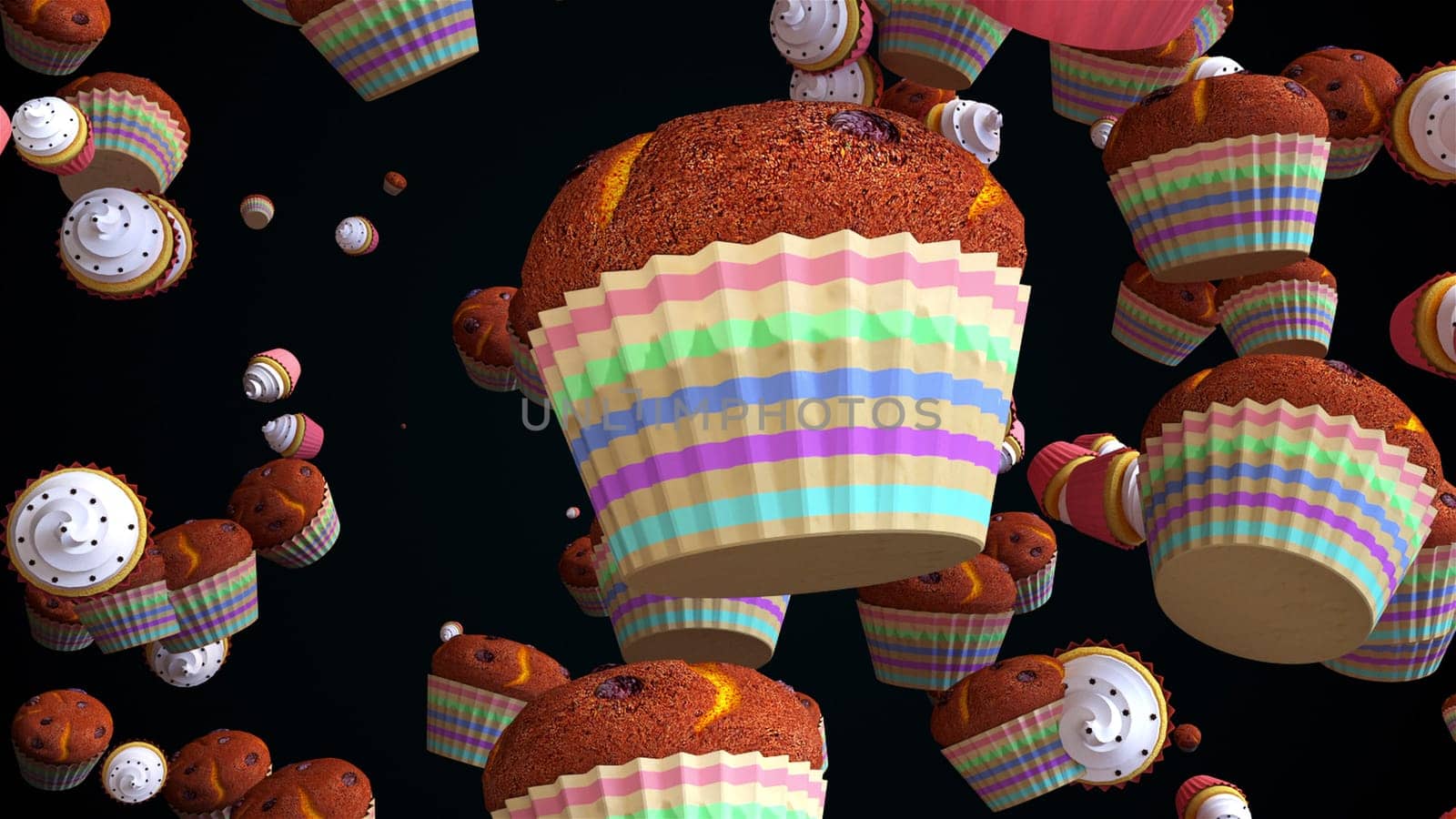 Confectionery with cream and biscuits 3d render swirling with slow rain of sweet and cheerful holiday. Joyful celebration with delicious desserts in bright glaze. Creative design of birthday.