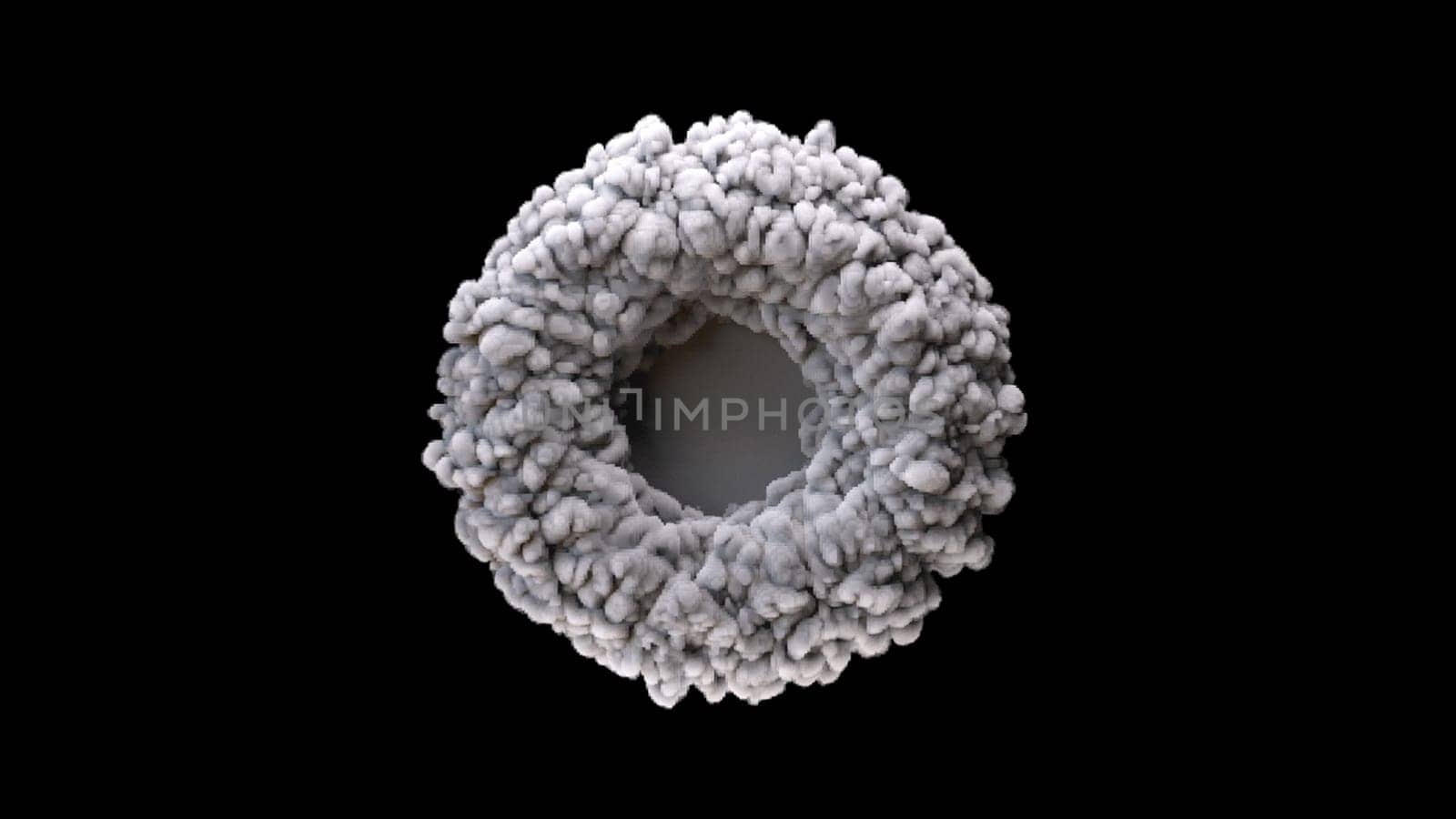Round puffs of smoke with 3d render of diverging sound wave after powerful explosion. Epicenter of concentric rotation pulsation and geometric digital vibration.