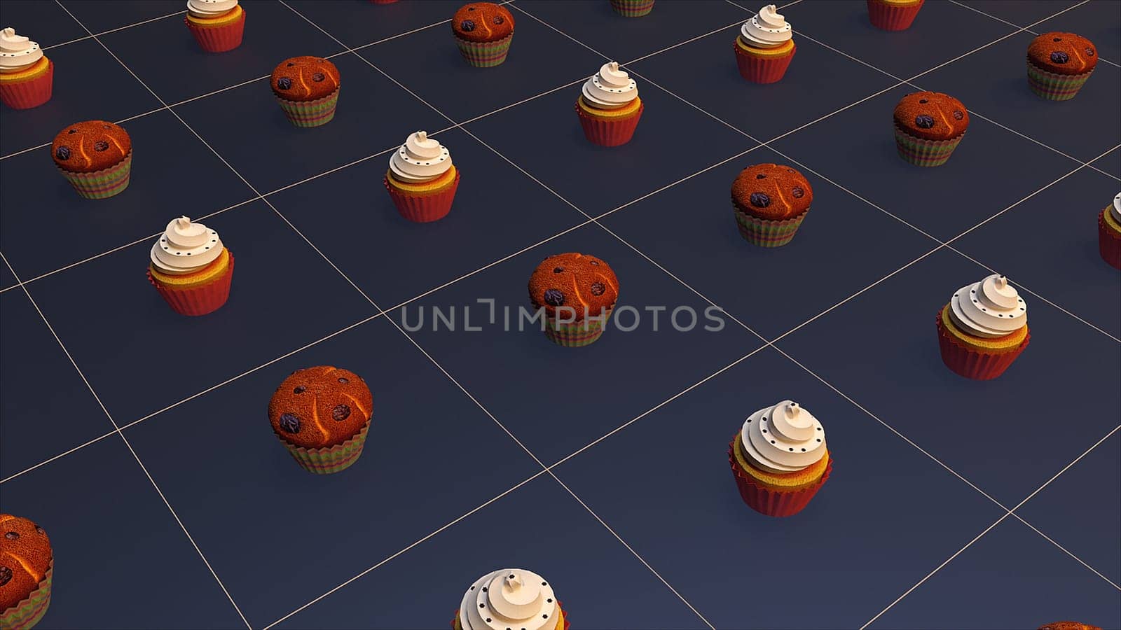 Sweet and fragrant muffins standing in 3d render squares of surface. Cream and shortbread cookies for fun delicious holidays. Whipped icing on biscuit decoration.