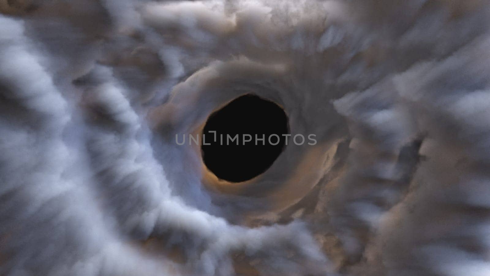 Atmospheric vortex with 3d render motion in swirling flow. Beginning hurricane with increasing clouds and dynamic movement. Digital natural tornado with strong swirl funnel and weather cyclone.