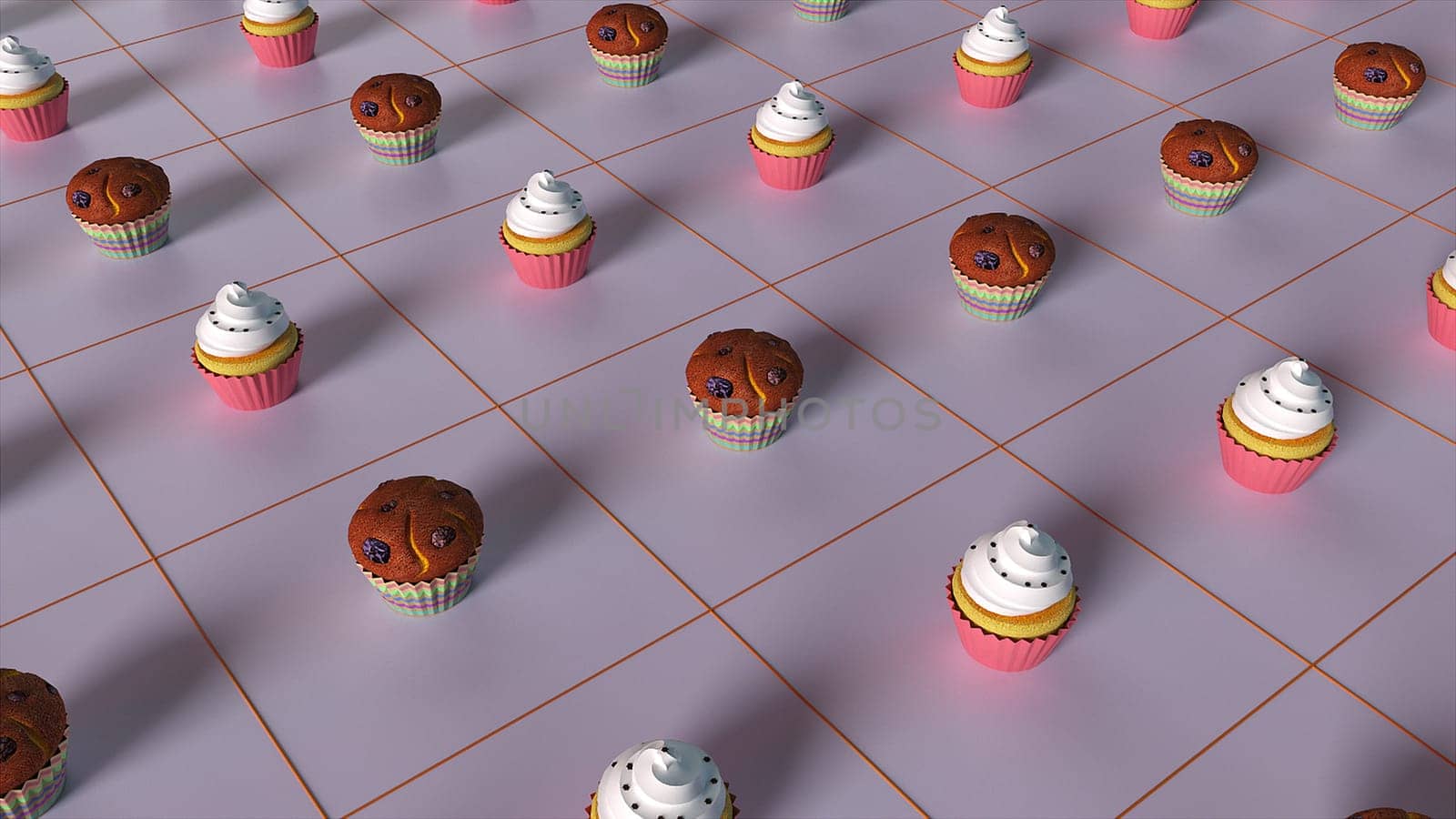 Sweet and fragrant muffins standing in 3d render squares of surface. Cream and shortbread cookies for fun delicious holidays. Whipped icing on biscuit decoration.