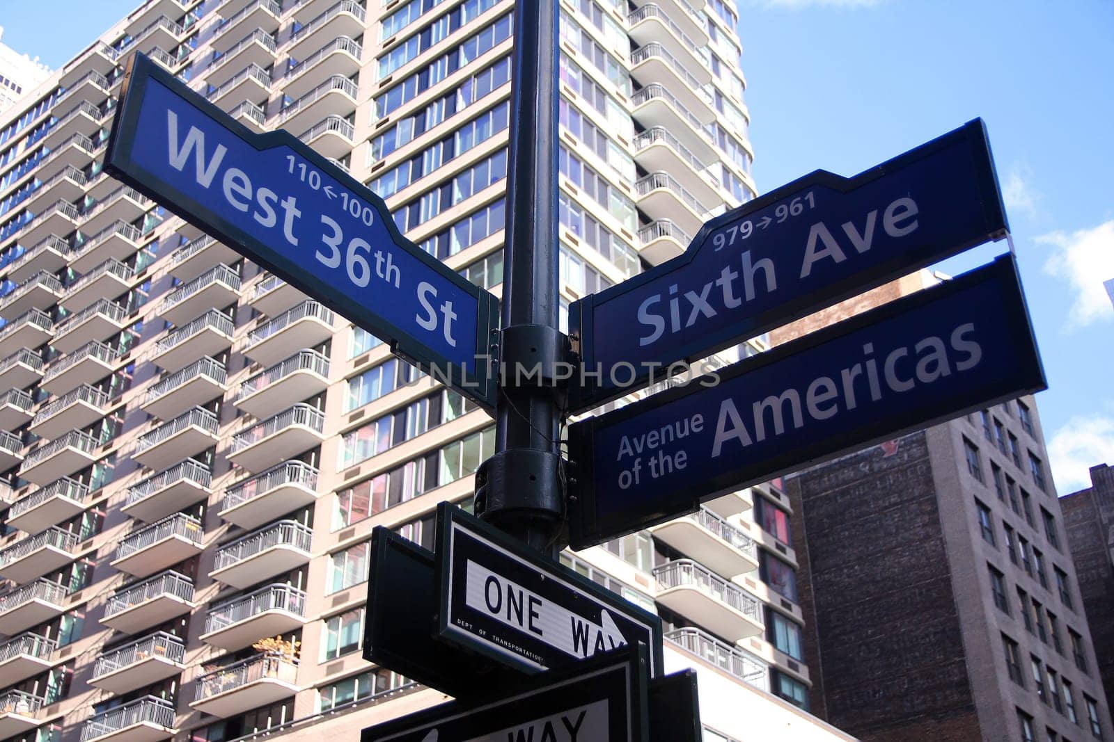 Blue West 36th Street, Broadway and Avenue of the Americas 6th historic sign in Midtown Manhattan in New York City