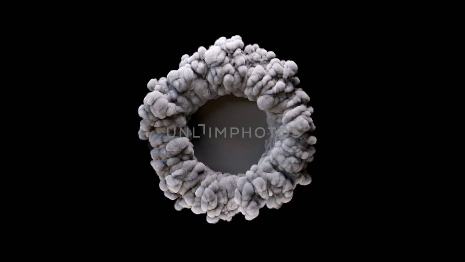 Round puffs of smoke with 3d render of diverging sound wave after powerful explosion. Epicenter of concentric rotation pulsation and geometric digital vibration.