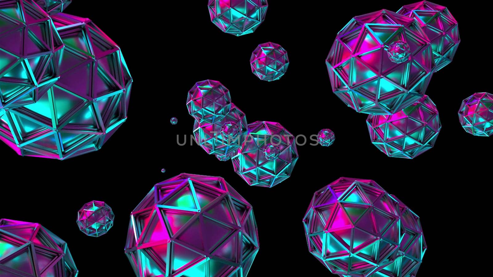 Balls enclosed in rhombic mesh 3d render sweep across surface. Holographic shapes with gradient reflection metallic and graphic gloss in spherical reflections.