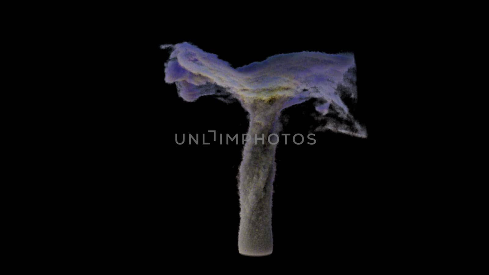 Model of natural typhoon in 3d render stage of development. Incipient pressure drop with vortex column and funnel. Dangerous climatic phenomenon with swirling stormy whirlpool.