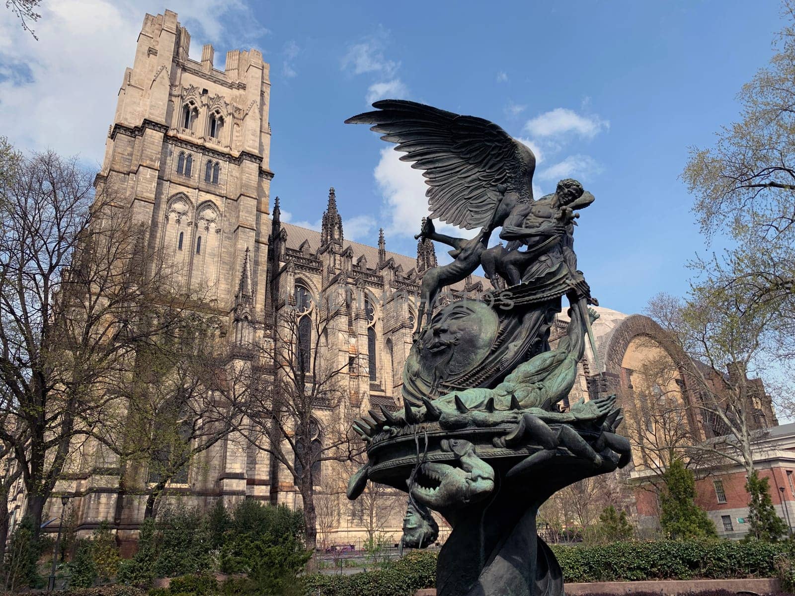 Peace Fountain sculpture with the Saint John the divine on the back in New York City