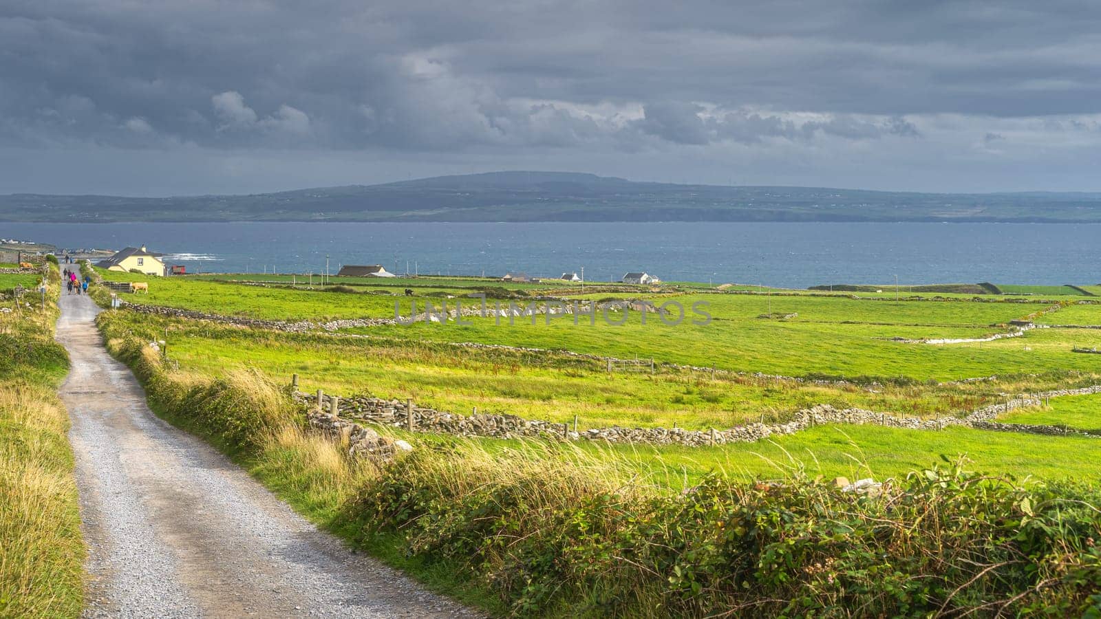 Tourists walking down the country road from popular attraction, iconic Cliffs of Moher, Wild Atlantic Way, County Clare, UNESCO, Ireland