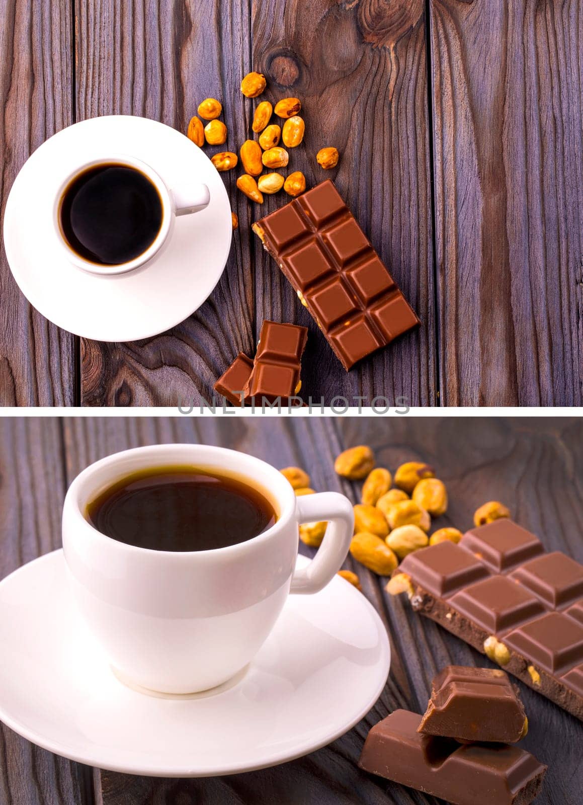 The mug of coffee and chocolate with nuts on a wooden surface