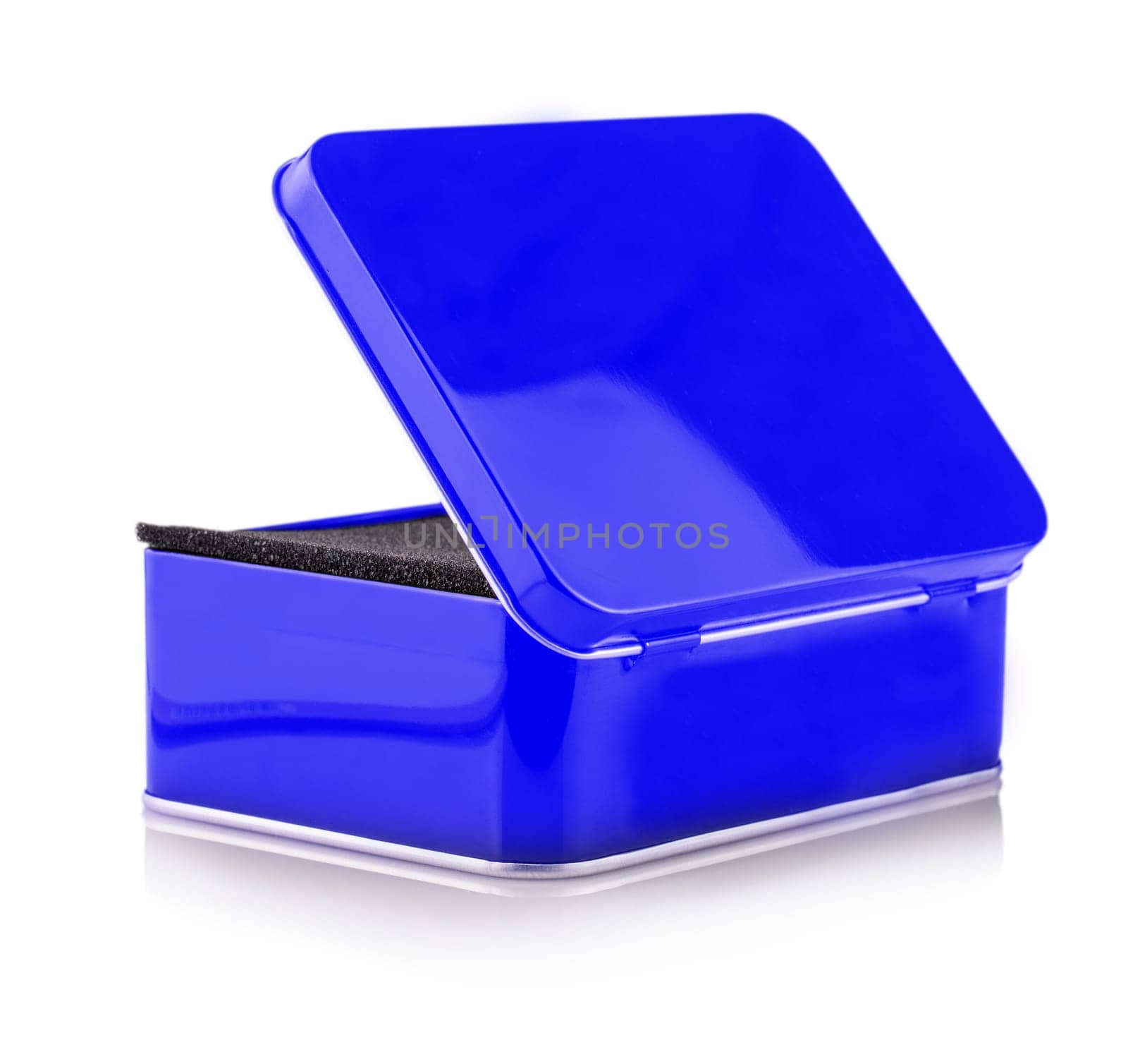 The Closed Empty blue metal box close-up isolated on white background