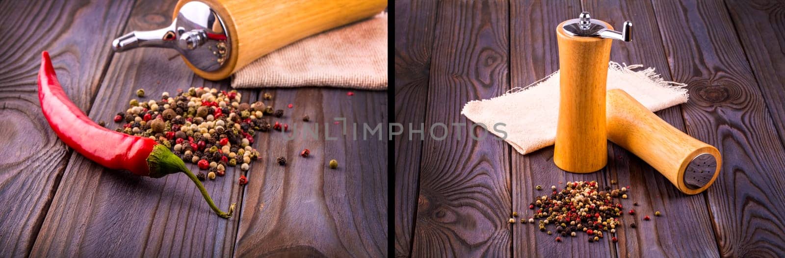 The Set of Black pepper corns, red hot chili pepper and Black pepper Powder on wooden background