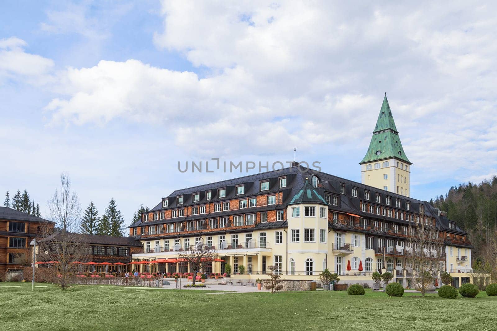 Garmisch-Partenkirchen, Germany - April 26, 2015: The leaders of the G7 "Great Seven"" members countries will meet in the hotel Schloss Elmau royal luxury residence in Bavarian Alpine valley."