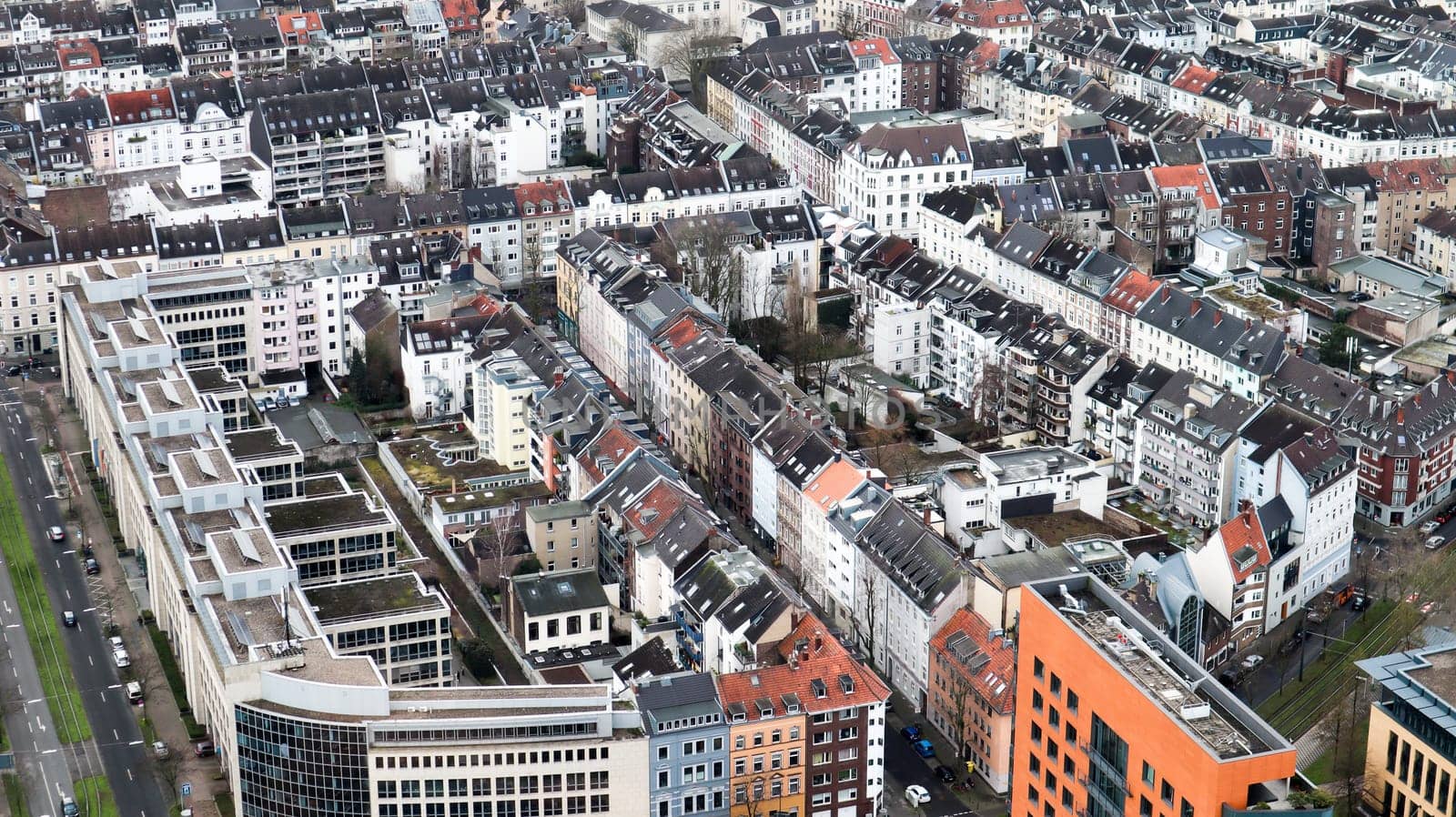 Dusseldorf, Germany - February 20, 2020. Scenic view of the city, the embankment of the Rhine river. Aerial view of a European city. Aerial view of a drone. Panorama