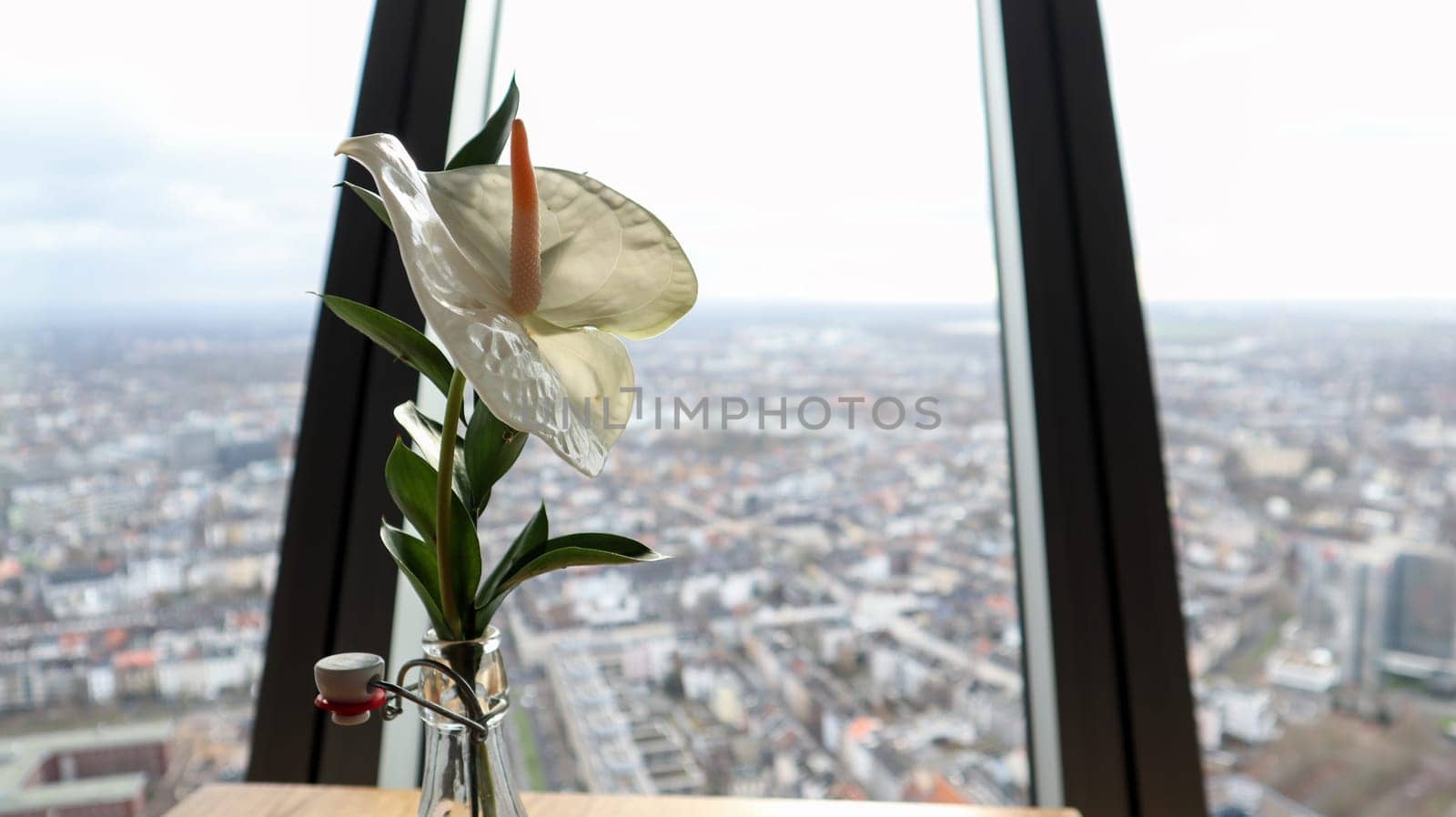 Dusseldorf, Germany - February 20, 2020. Rhine tower with a revolving restaurant. The interior and design of the cafe with a viewing platform inside the television tower in Dusseldorf