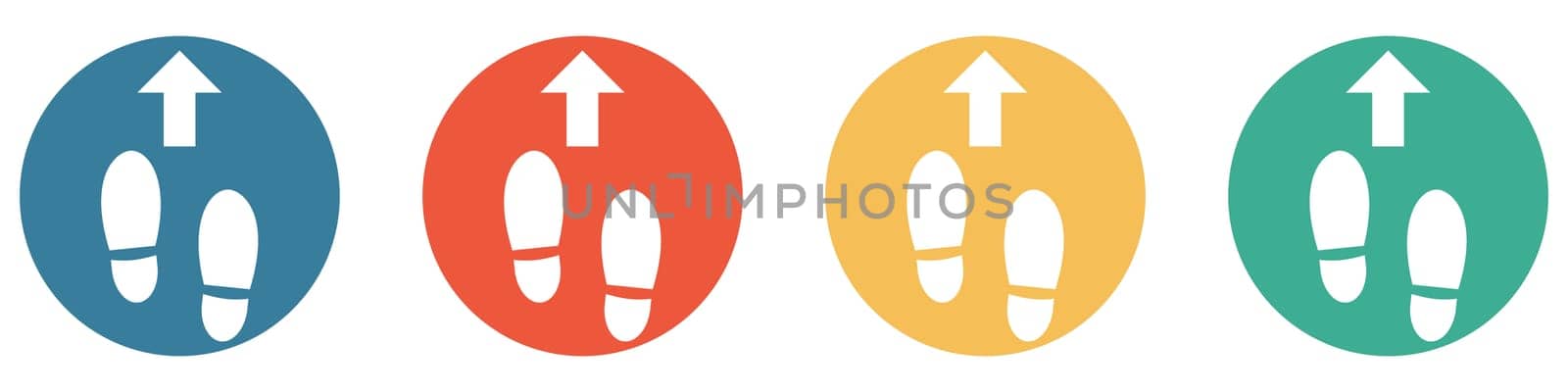 4 colorful Buttons blue, red, orange and green showing: Arrow and footprints