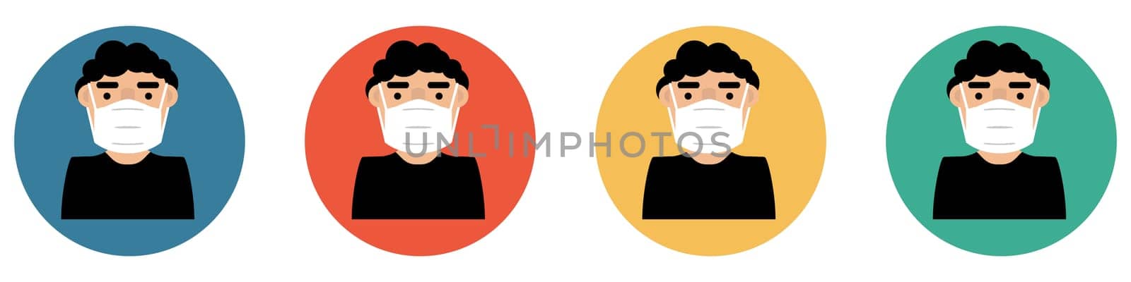 4 colorful Buttons blue, red, orange and green showing: Person with face mask