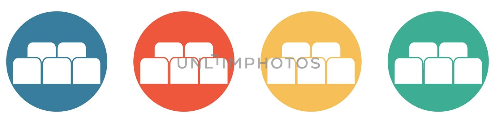 4 colorful Buttons blue, red, orange and green showing: Seats in Cinema or theatre