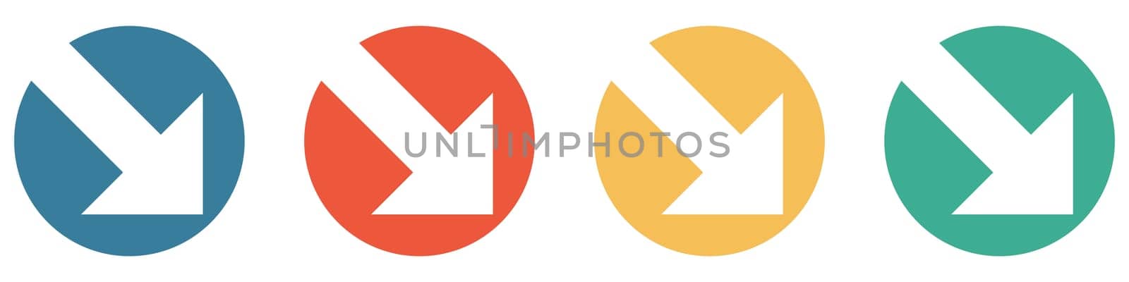 4 colorful Buttons blue, red, orange and green showing: Diagonal arrow down
