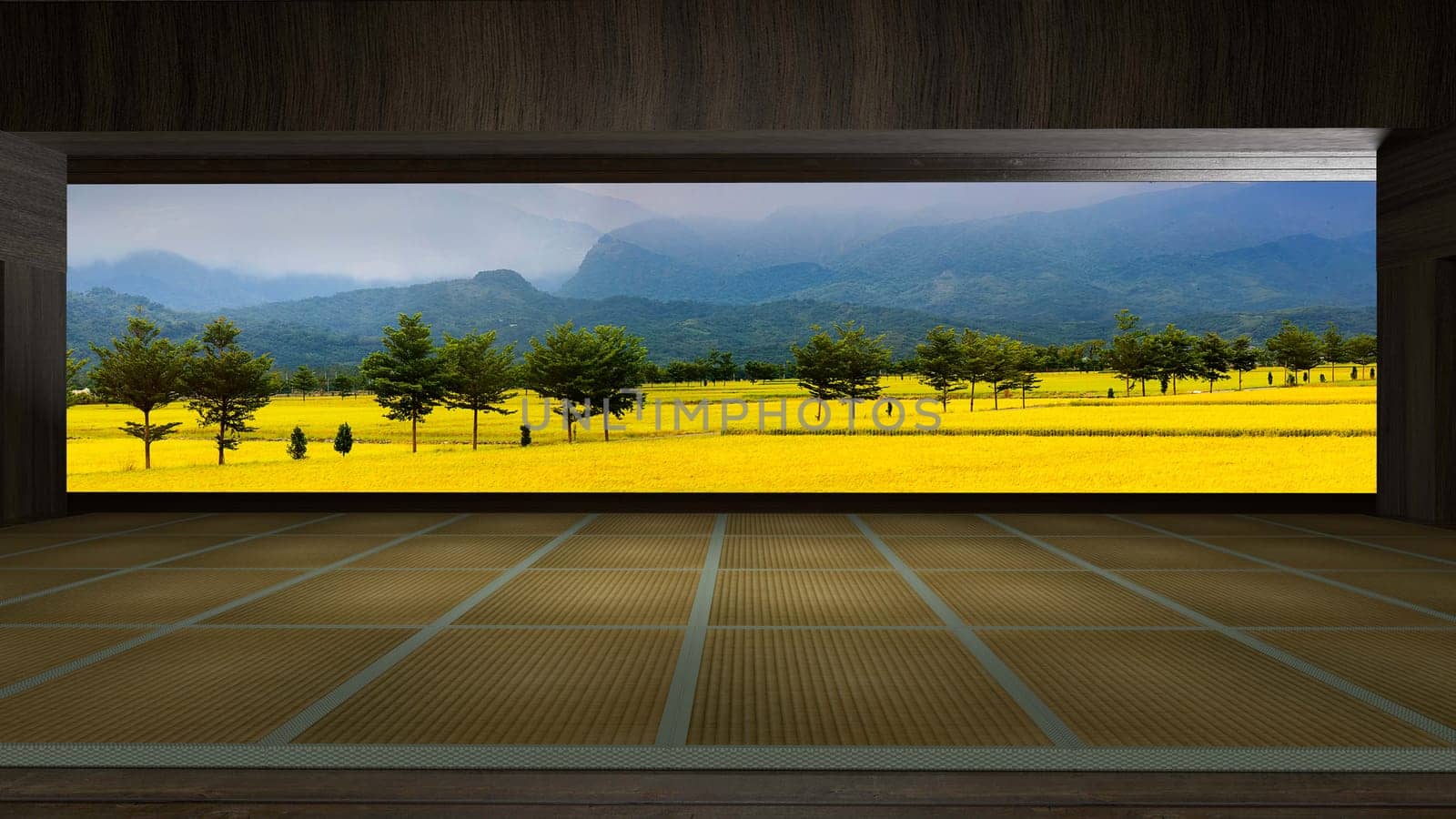 3d rendering traditional Japanese room open to view of beautiful colorful view